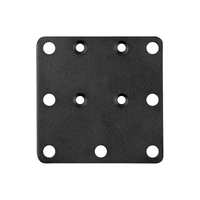 The Square AMPS Mounting Plate is a black, square metal plate with nine evenly spaced holes in a grid (AMPS) pattern and VESA 75 compatibility, displayed against a white background.