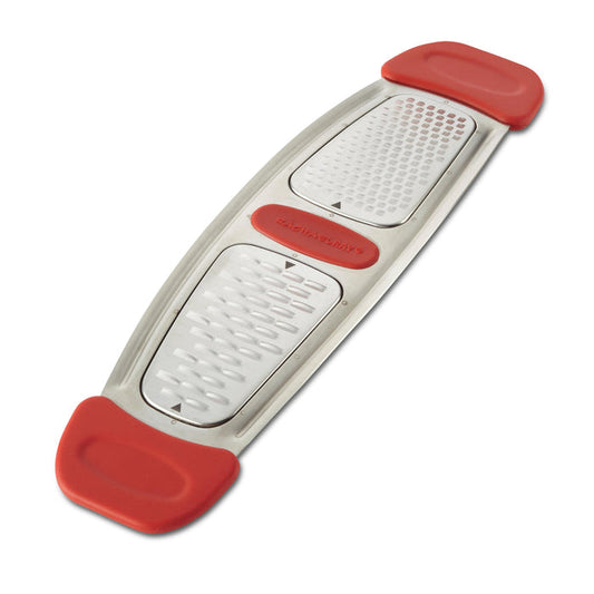 Stainless Steel Multi-Grater with red and silver design, featuring silicone handles and two distinct grating surfaces for easy zesting of citrus fruits.