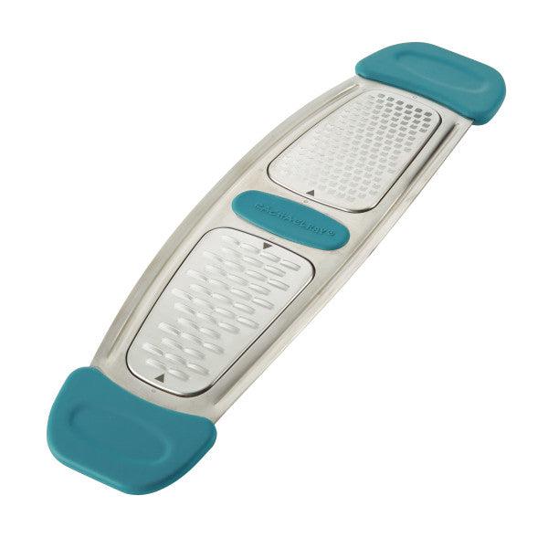 Stainless Steel Multi-Grater with teal silicone handles, perfect for effortlessly shredding cheese or creating fine citrus zest.
