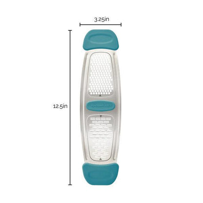 Stainless Steel Multi-Grater with teal accents, featuring durable silicone handles and dimensions marked for precision.