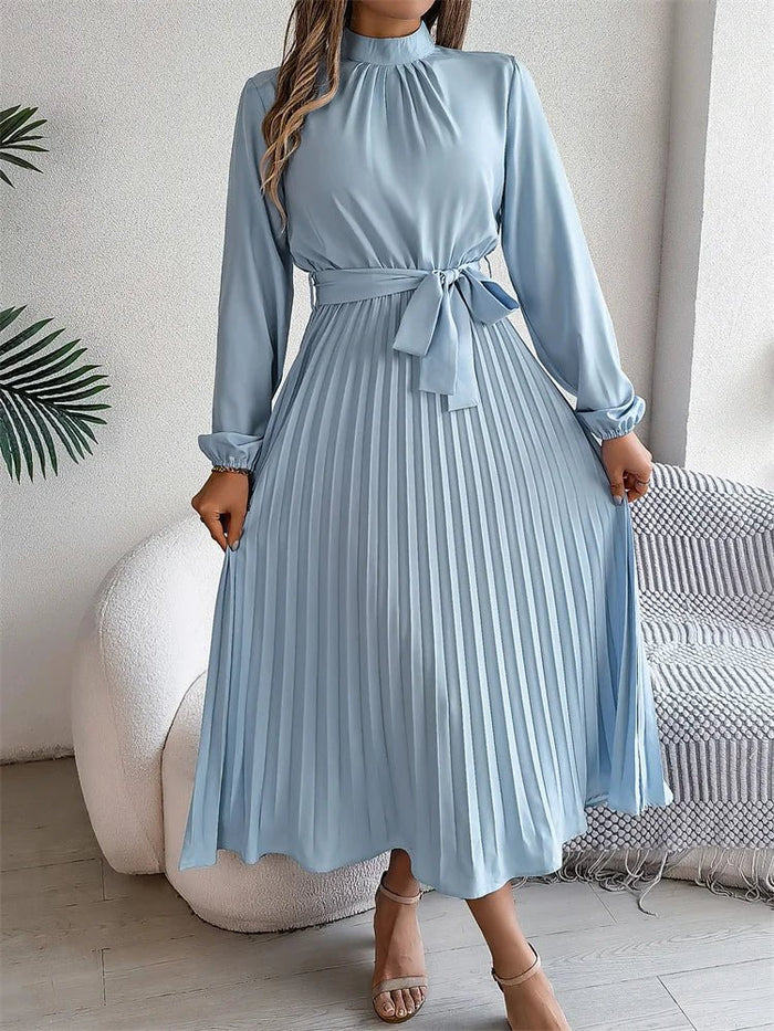 Light Blue stand collar A-line long sleeve pleated polyester FTF Market UK