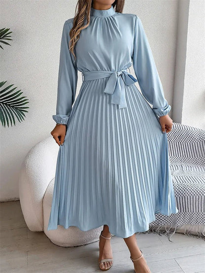 Light Blue stand collar A-line long sleeve pleated polyester FTF Market UK