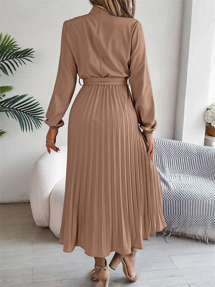 Khaki stand collar A-line long sleeve pleated polyester FTF Market UK