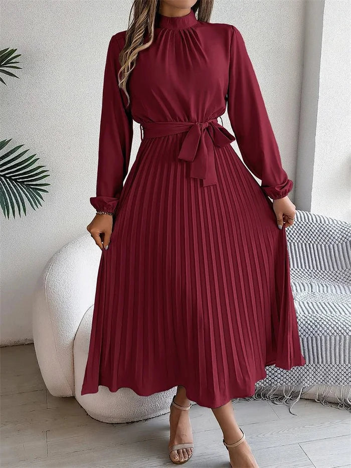 Burgundi stand collar A-line long sleeve pleated polyester FTF Market UK
