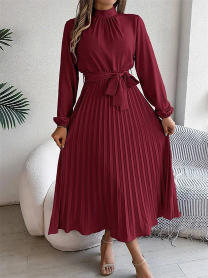 Burgundi stand collar A-line long sleeve pleated polyester FTF Market UK