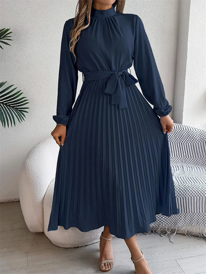 Navy Blue stand collar A-line long sleeve pleated polyester FTF Market UK