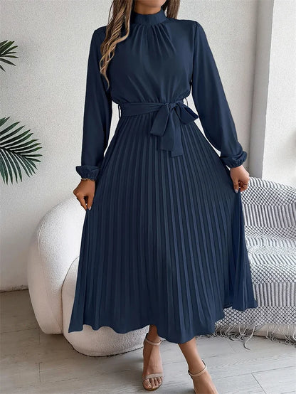 Navy Blue stand collar A-line long sleeve pleated polyester FTF Market UK