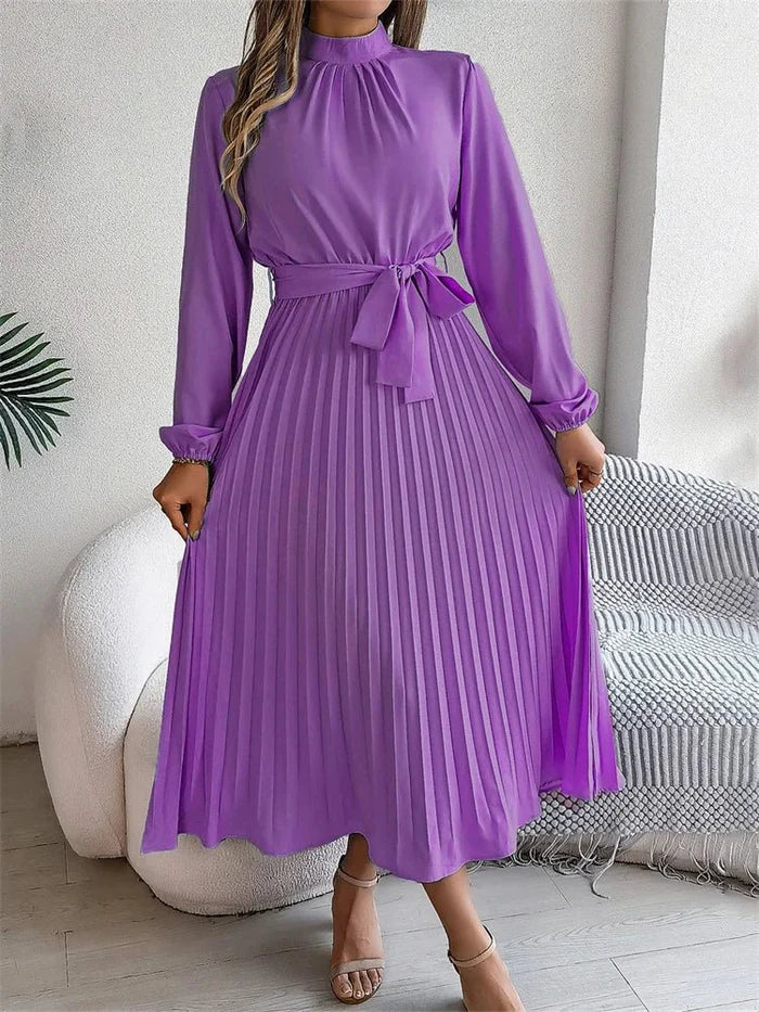 Purple stand collar A-line long sleeve pleated polyester FTF Market UK