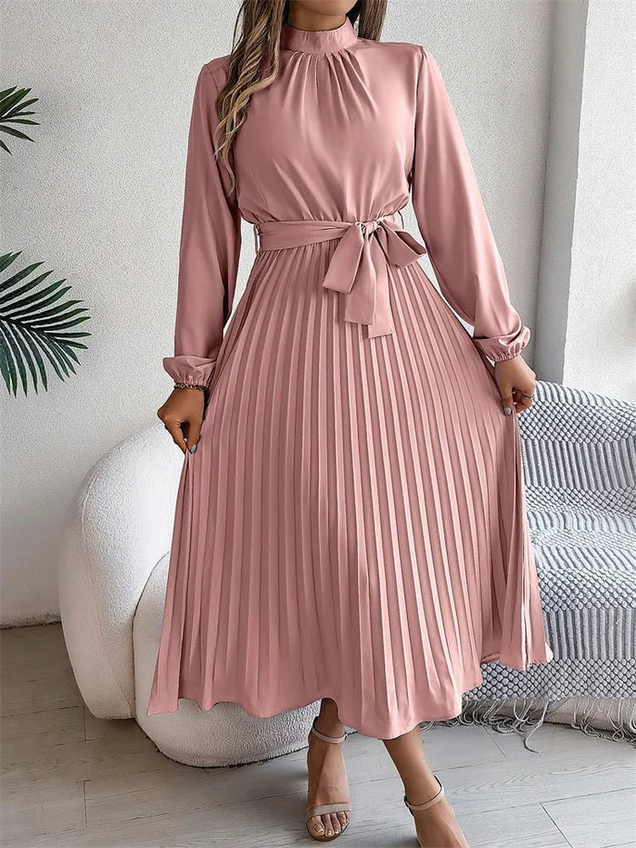 Pink stand collar A-line long sleeve pleated polyester FTF Market UK