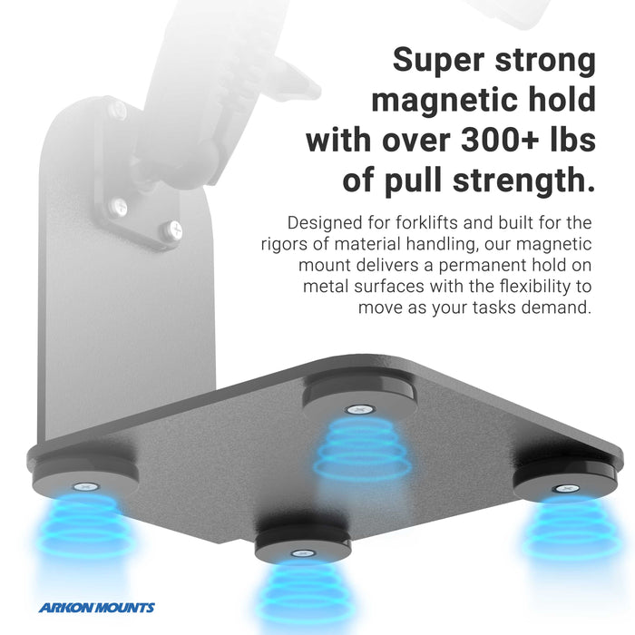 The SteadyMag™ Magnetic Mount System with LockVise™ Locking Tablet Holder attaches to black metal surfaces, emits blue light effects to show its 300+ lb magnetic hold strength, and is perfect as a forklift tablet holder for material handling.