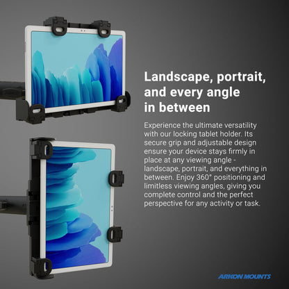The SteadyMag™ Magnetic Mount System with LockVise™ Locking Tablet Holder displays a tablet in landscape and portrait modes against a gray background, highlighting adjustable viewing angles and secure grip. The Arkon Mounts logo appears at the bottom right.