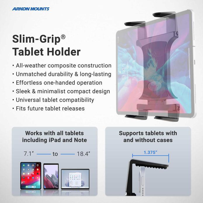 A promotional image for the SteadyMag™ Magnetic Mount System with Slim-Grip® Tablet Holder shows it securing a tablet, highlighting its weather-resistant build, easy operation, and reliable warehouse use for 7.1”–18.4” devices.