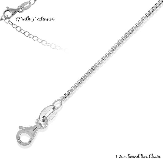 Sterling Silver 1.2mm Round Box Chain Rhodium Plated, 17+3"