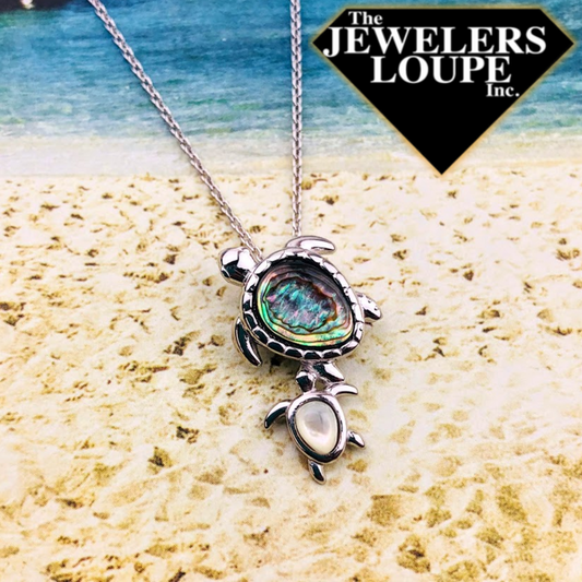 Sterling Silver Abalone Sea Turtle with Mother of Pearl Baby Turtle Necklace on 18" Sterling Silver Chain.