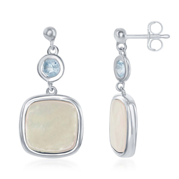 Sterling Silver Bezel Set Blue Topaz and Square Mother of Pearl Earrings