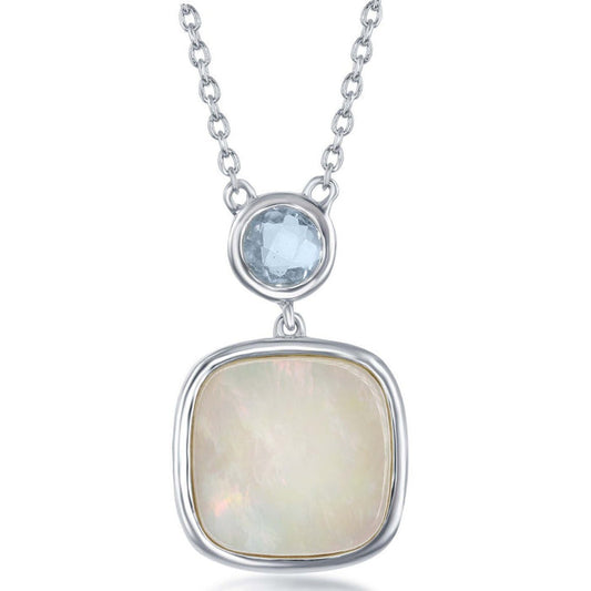 Sterling Silver Bezel Set Blue Topaz and Square Mother of Pearl Necklace