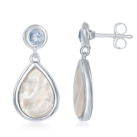 Sterling Silver Bezel Set Blue Topaz and Teardrop Mother of Pearl Earrings