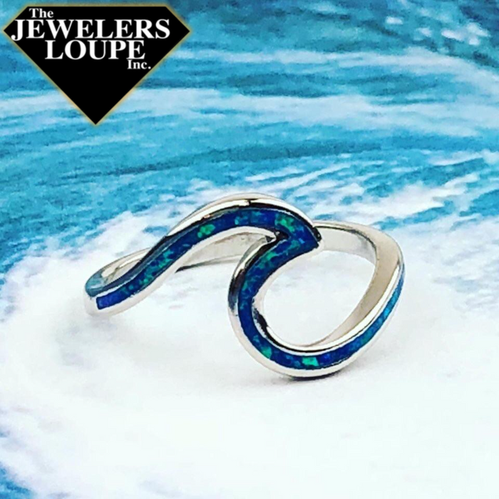 Sterling Silver Blue Inlay Created Opal Wave Design Ring