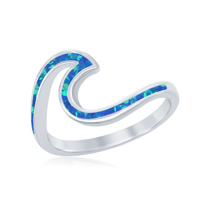 Sterling Silver Blue Inlay Created Opal Wave Design Ring