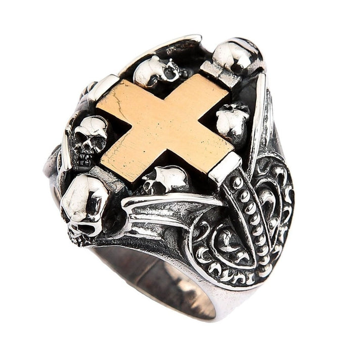 925 sterling silver Gothic ring showing gold cross and ornate skull detailing angled view