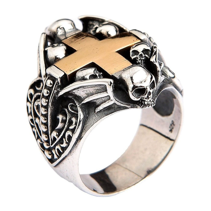 Side profile of Gothic skull cross ring showing ornate filigree shield design