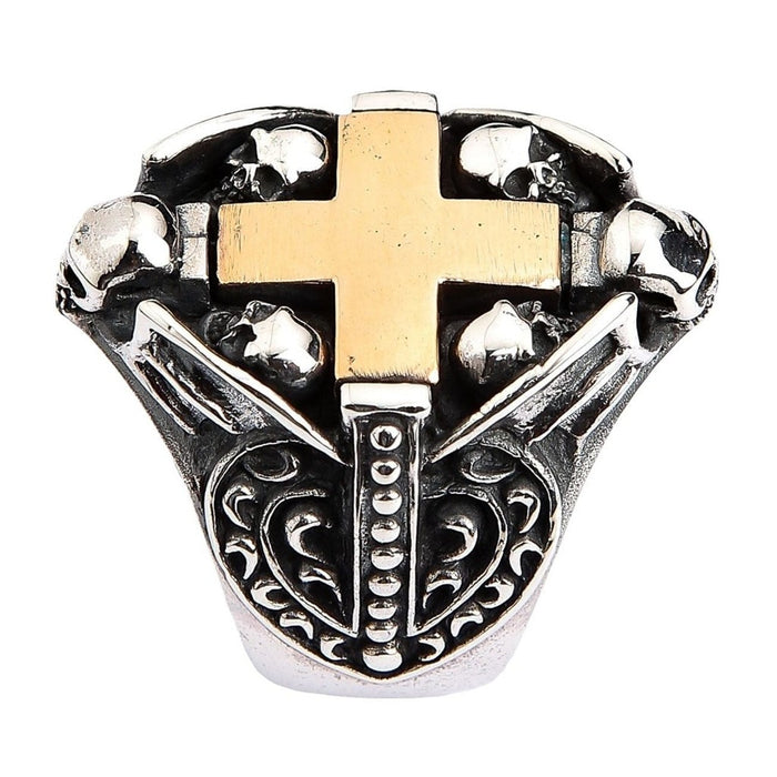 Front face detail of yellow gold cross accent on sterling silver skull ring