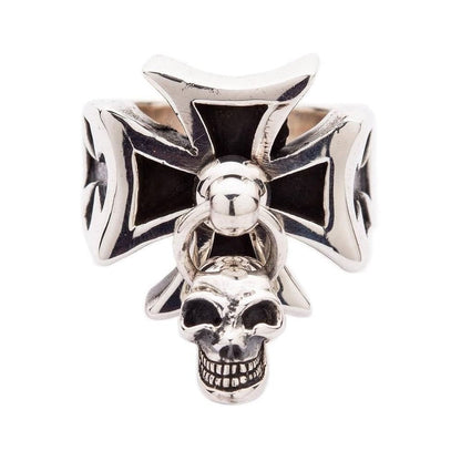 Front view of Sterling Silver Iron Cross Ring with Dangle Skull charm