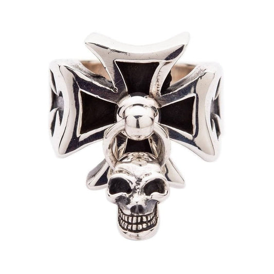 Front view of Sterling Silver Iron Cross Ring with Dangle Skull charm