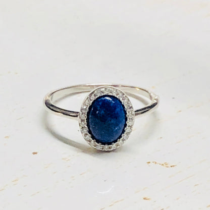 Sterling Silver Oval Lapis and CZ Halo Ring