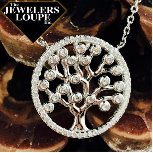 Sterling Silver Round CZ Tree Necklace on 17+1" Sterling Silver Chain.