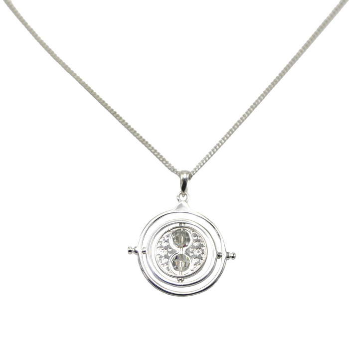 Silver necklace with a round Time Turner pendant on a white background
