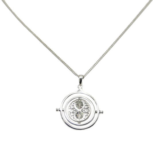 Silver necklace with a round Time Turner pendant on a white background