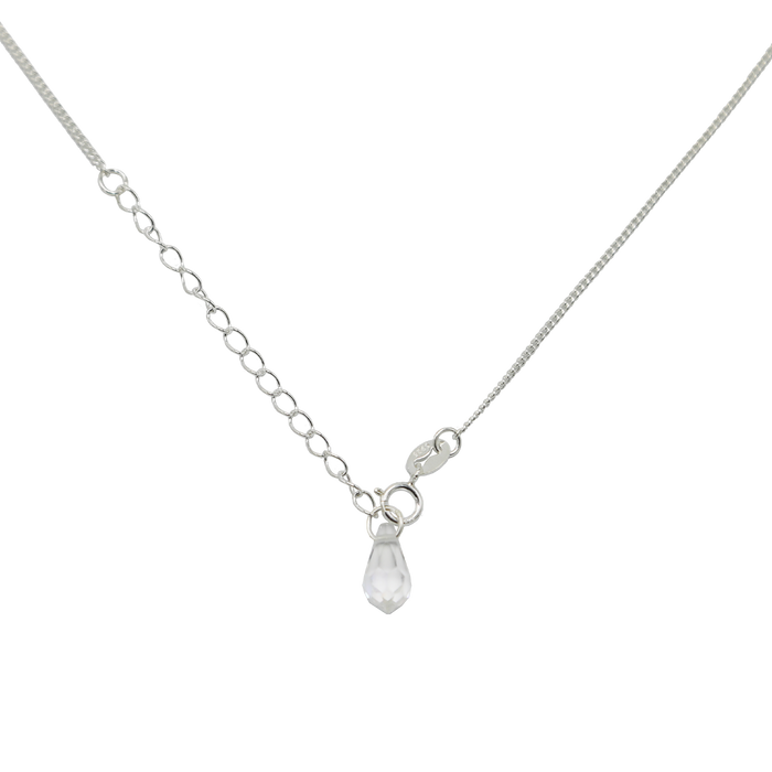 Silver necklace with a teardrop-shaped pendant on a white background