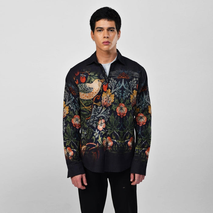 Strawberry Thief - black party wear luxury shirt for men now Available in Cotton and Linen - Naymish Designs