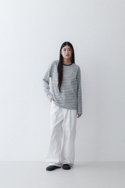 STRIPE SLEEVE T - CREAM/GREY