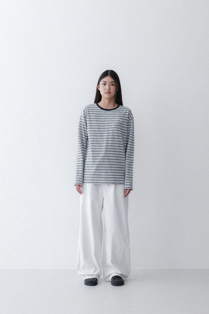 STRIPE SLEEVE T - CREAM/GREY