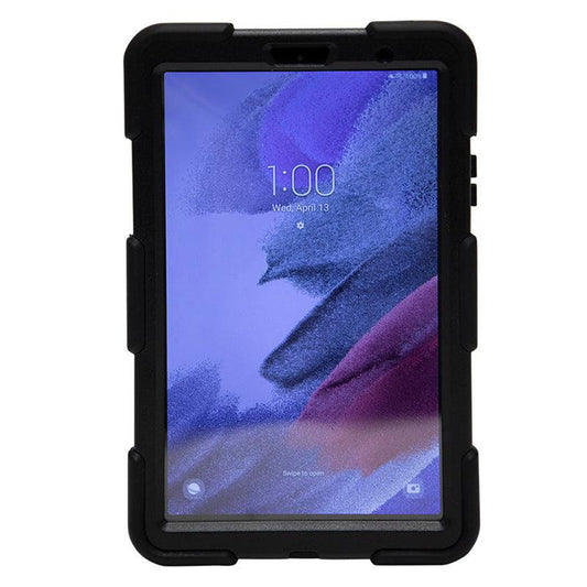 A Tablet Case for Galaxy Tab A7 Lite in rugged black protects a tablet displaying a purple and blue abstract wallpaper. The screen reads 1:00 with the date Wednesday, April 13.