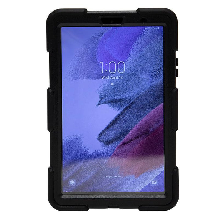 A Tablet Case for Galaxy Tab A7 Lite in rugged black protects a tablet displaying a purple and blue abstract wallpaper, with the screen showing 1:00 and Wednesday, April 13, highlighting its multi-layer protection.