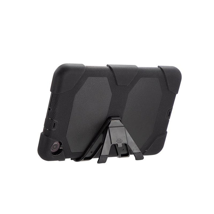 A Tablet Case for Galaxy Tab A7 Lite in black is shown propped on a foldable stand, viewed from the back and side, highlighting its textured surface, camera cutout, and multi-layer protective design.