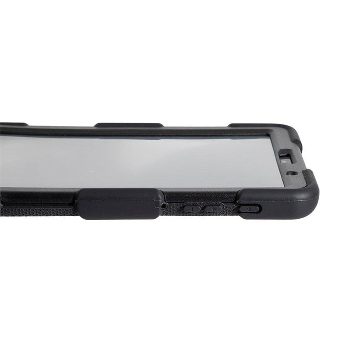 Close-up of the edge of a black Tablet Case for Galaxy Tab A7 Lite, highlighting its rugged multi-layer protection, reinforced corners, side buttons, and part of the screen.