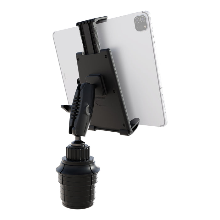 A black Tablet Cup Holder Mount with Push-Button Holder - 25mm securely grips a silver tablet in landscape orientation, mounted on a flexible base. This adjustable holder doubles as a cup holder mount, making it ideal for use as a car tablet mount and ensuring secure device positioning while on the go.