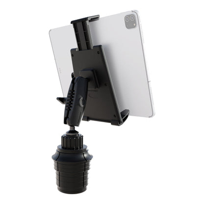 A black Tablet Cup Holder Mount with Push-Button Holder - 25mm securely grips a silver tablet in landscape orientation, mounted on a flexible base. This adjustable holder doubles as a cup holder mount, making it ideal for use as a car tablet mount and ensuring secure device positioning while on the go.