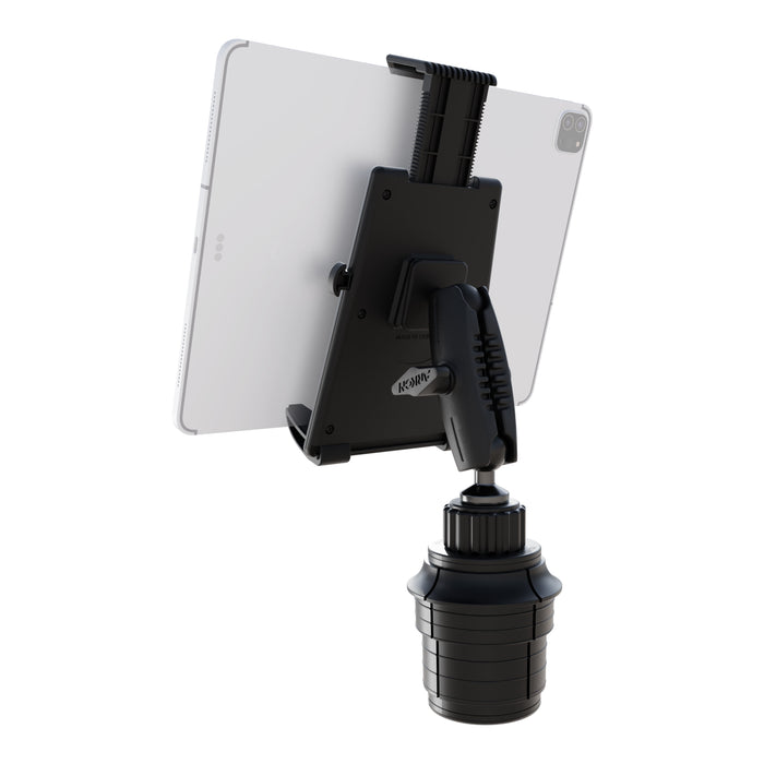 A Tablet Cup Holder Mount with Push-Button Holder - 25mm, shown from the back in black, securely holds a tablet. This mount features a clamp and flexible arm for precise positioning within your vehicle.