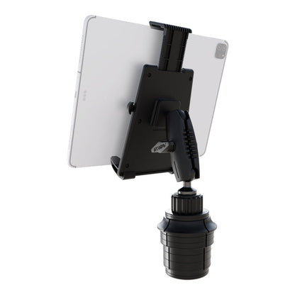 A Tablet Cup Holder Mount with Push-Button Holder - 25mm, shown from the back in black, securely holds a tablet. This mount features a clamp and flexible arm for precise positioning within your vehicle.