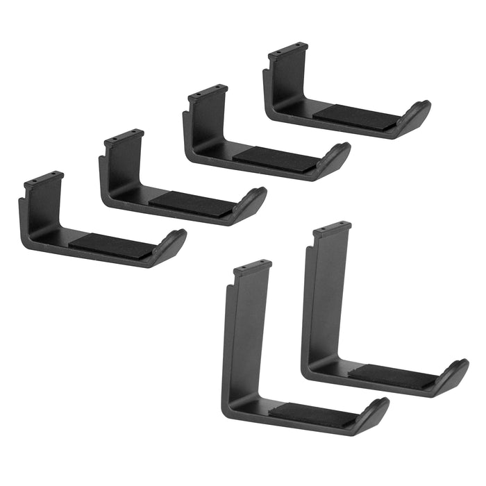 Set of five black Tablet Handstrap Support Legs for Slim-Grip Universal Tablet Holder—three small, two large—all wall-mounted and padded, ideal for organizing accessories, shown in pairs facing different directions on a white background.