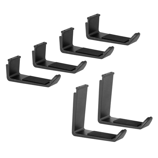 Set of five black Tablet Handstrap Support Legs for Slim-Grip Universal Tablet Holder—three small, two large—all wall-mounted and padded, ideal for organizing accessories, shown in pairs facing different directions on a white background.
