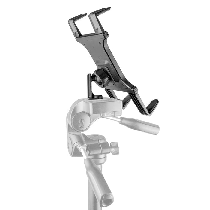 The Tripod Slim-Grip® Tablet Mount 22mm Ball Compatible, a universal black tablet holder, is securely mounted on a professional tripod head with multiple adjustment knobs and handles, set against a white background.