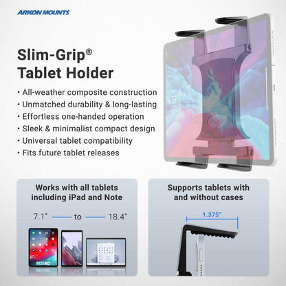 A promotional image for the Tripod Slim-Grip® Tablet Mount 22mm Ball Compatible shows this universal holder securing a tablet, with text highlighting its durable build, easy one-handed use, and compatibility with most tablets and cases.