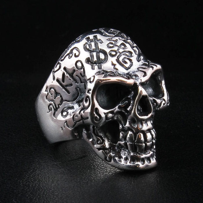 Tattoo skull ring in 925 sterling silver with engraved dollar signs side view