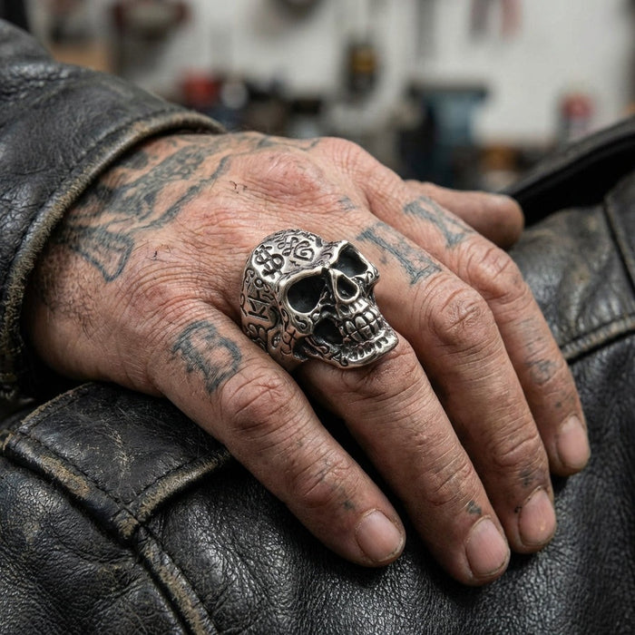 Tattoo skull ring worn on hand showing bold gothic biker jewelry style